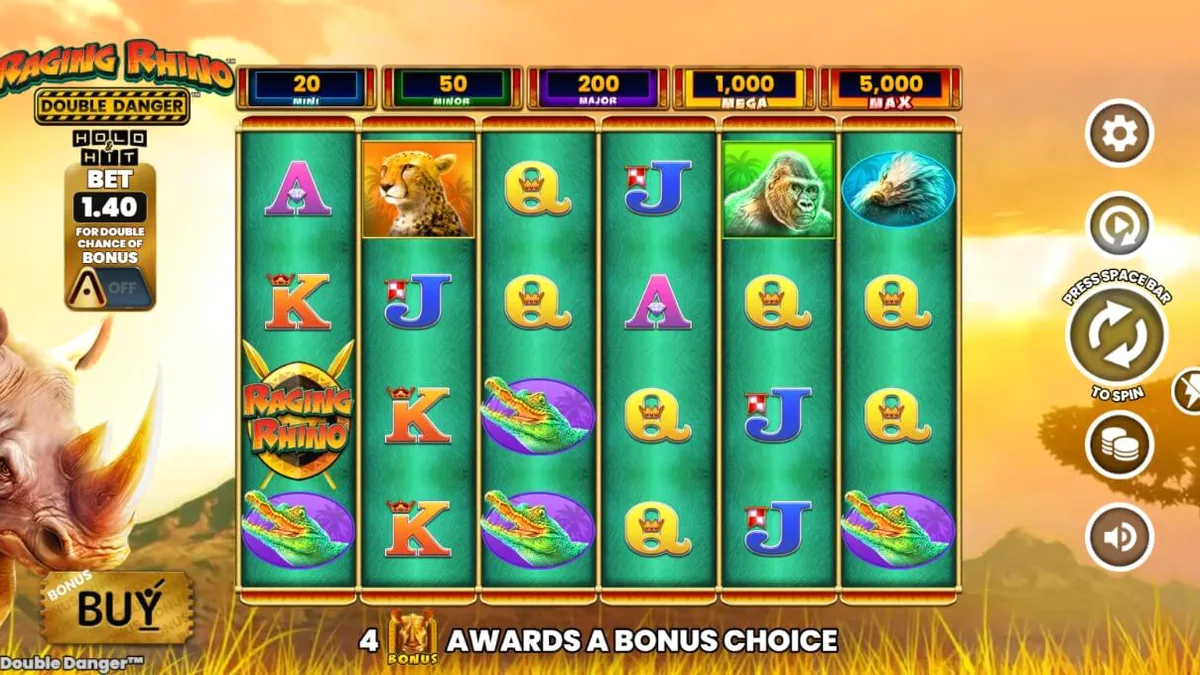 Isang maringal na rhino sa gitna ng African savannah sa Raging Rhino Double Danger slot.