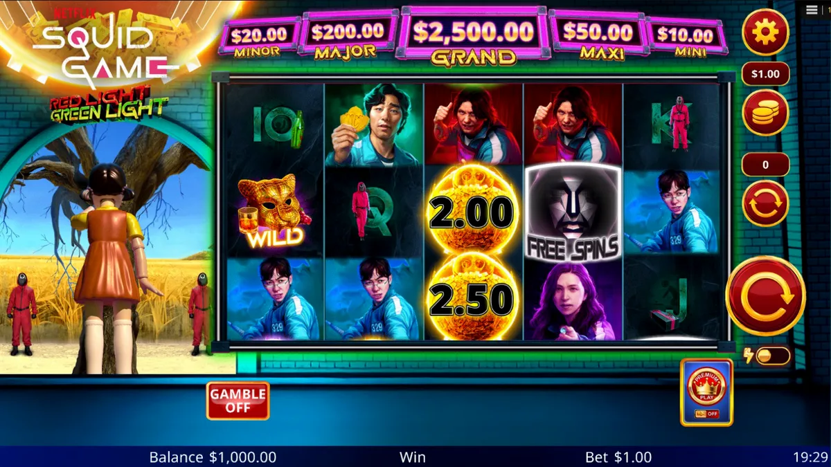 Squid Game: Red Light, Green Light slot machine interface showing piggy bank symbols and the iconic doll.